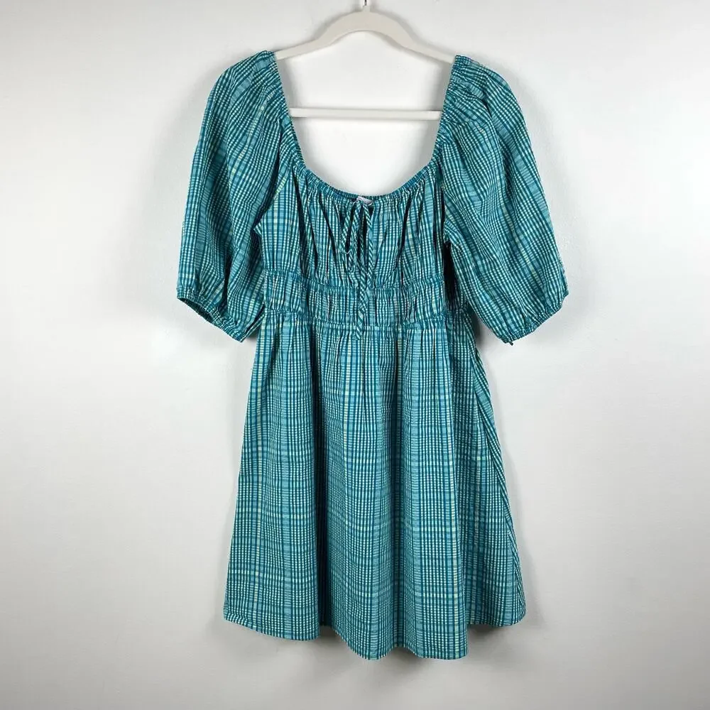 Rails Brenda Check Plaid Cotton Blend Minidress Augusta Size M NWOT Teal Blue